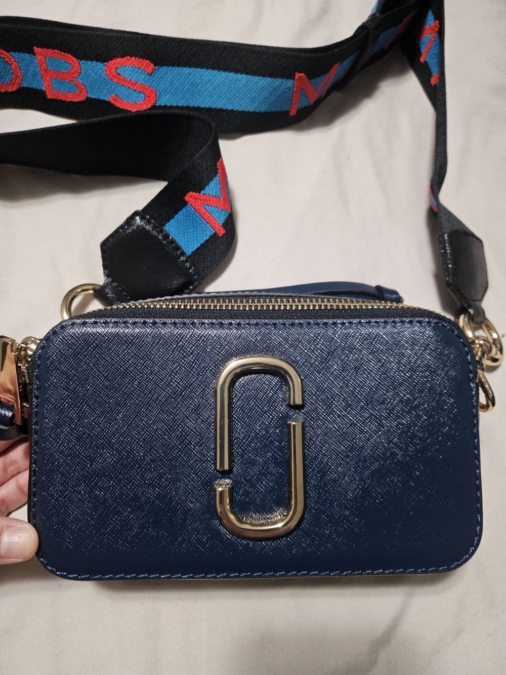 Marc Jacobs Navy and White Crossbody Camera Bag with Blue and Red Logo Strap